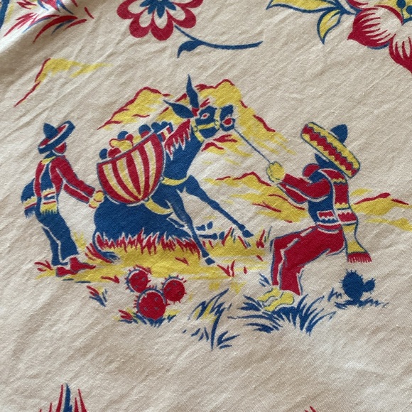 Vintage Mid Century Old Mexico Style 46” Square Linen Tablecloth - Picture 3 of 5